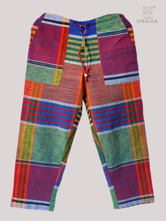 Pant For Women Gamcha Fashion Handloom Fabric Blue and Green Multicolor With Both Side Pockets