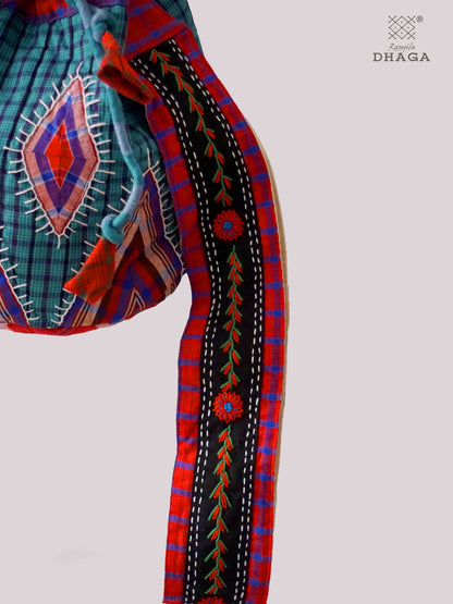 Gamcha Patchwork Embroidered Sling Bag – Drawstring Bucket Style with Handcrafted Strap SL12