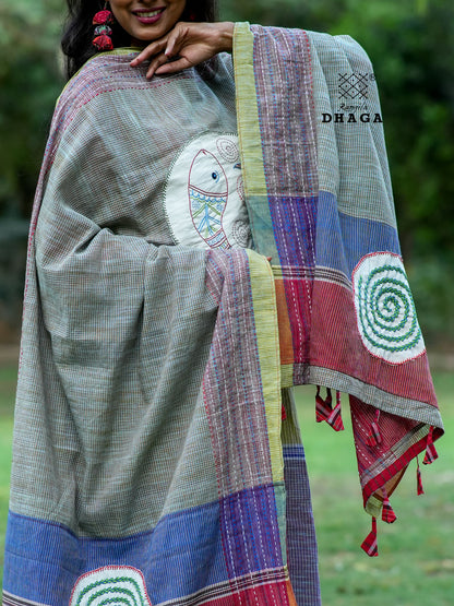 All Over Hand Embroidered Kantha Gamcha Patchwork Dupatta with Appliqué Circle with Fish Motifs – Multicolor- Tassels (2.5m)- GD020