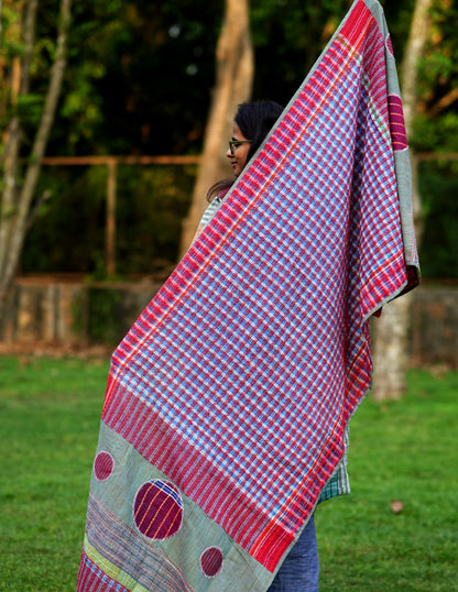 All Over Hand Embroidered Kantha Gamcha Patchwork Dupatta with Appliqué Circle Motifs – Multicolor- Tassels (2.5m)- GD014