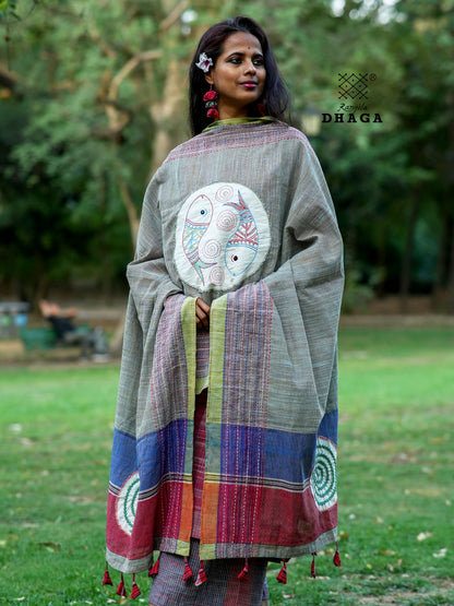 All Over Hand Embroidered Kantha Gamcha Patchwork Dupatta with Appliqué Circle with Fish Motifs – Multicolor- Tassels (2.5m)- GD020