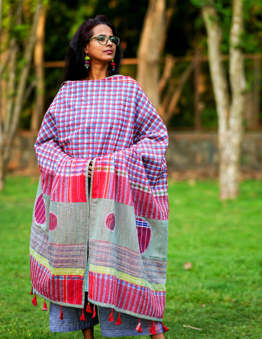 All Over Hand Embroidered Kantha Gamcha Patchwork Dupatta with Appliqué Circle Motifs – Multicolor- Tassels (2.5m)- GD014