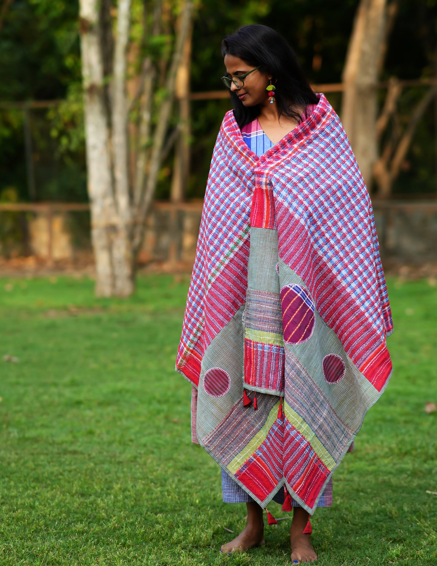 All Over Hand Embroidered Kantha Gamcha Patchwork Dupatta with Appliqué Circle Motifs – Multicolor- Tassels (2.5m)- GD014
