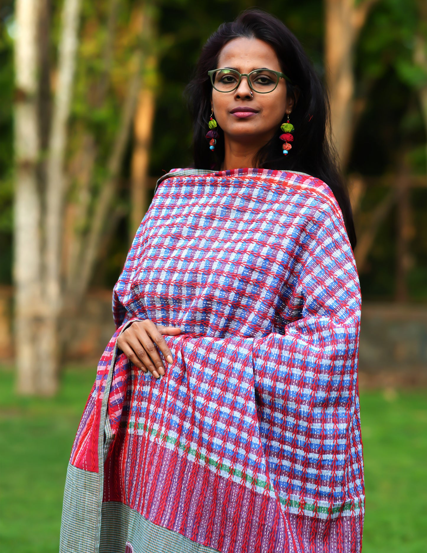 All Over Hand Embroidered Kantha Gamcha Patchwork Dupatta with Appliqué Circle Motifs – Multicolor- Tassels (2.5m)- GD014
