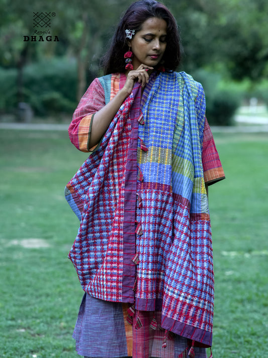All Over Hand Embroidered Kantha Gamcha Patchwork Dupatta  – Multicolor- Tassels (2.5m)- GD024