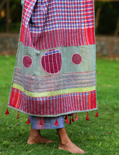 All Over Hand Embroidered Kantha Gamcha Patchwork Dupatta with Appliqué Circle Motifs – Multicolor- Tassels (2.5m)- GD014