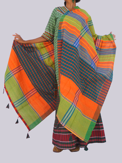 Patch work Gamcha Fashion Handloom Cotton Dupatta DP22 (Oreng Green  Multicolor)