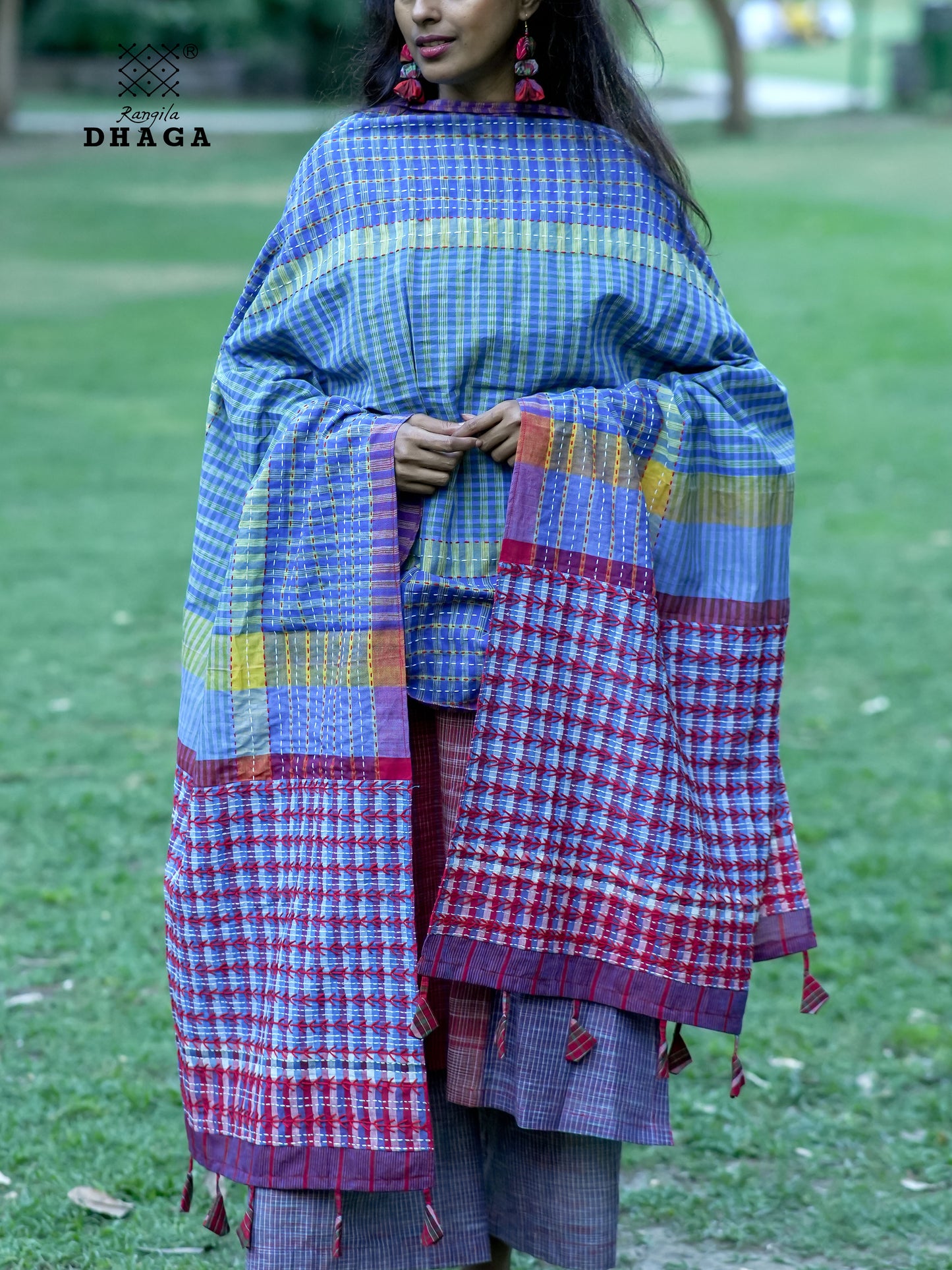 All Over Hand Embroidered Kantha Gamcha Patchwork Dupatta  – Multicolor- Tassels (2.5m)- GD024
