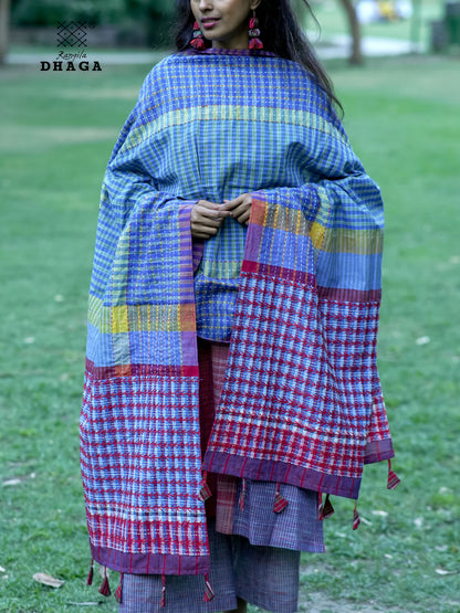 All Over Hand Embroidered Kantha Gamcha Patchwork Dupatta  – Multicolor- Tassels (2.5m)- GD024