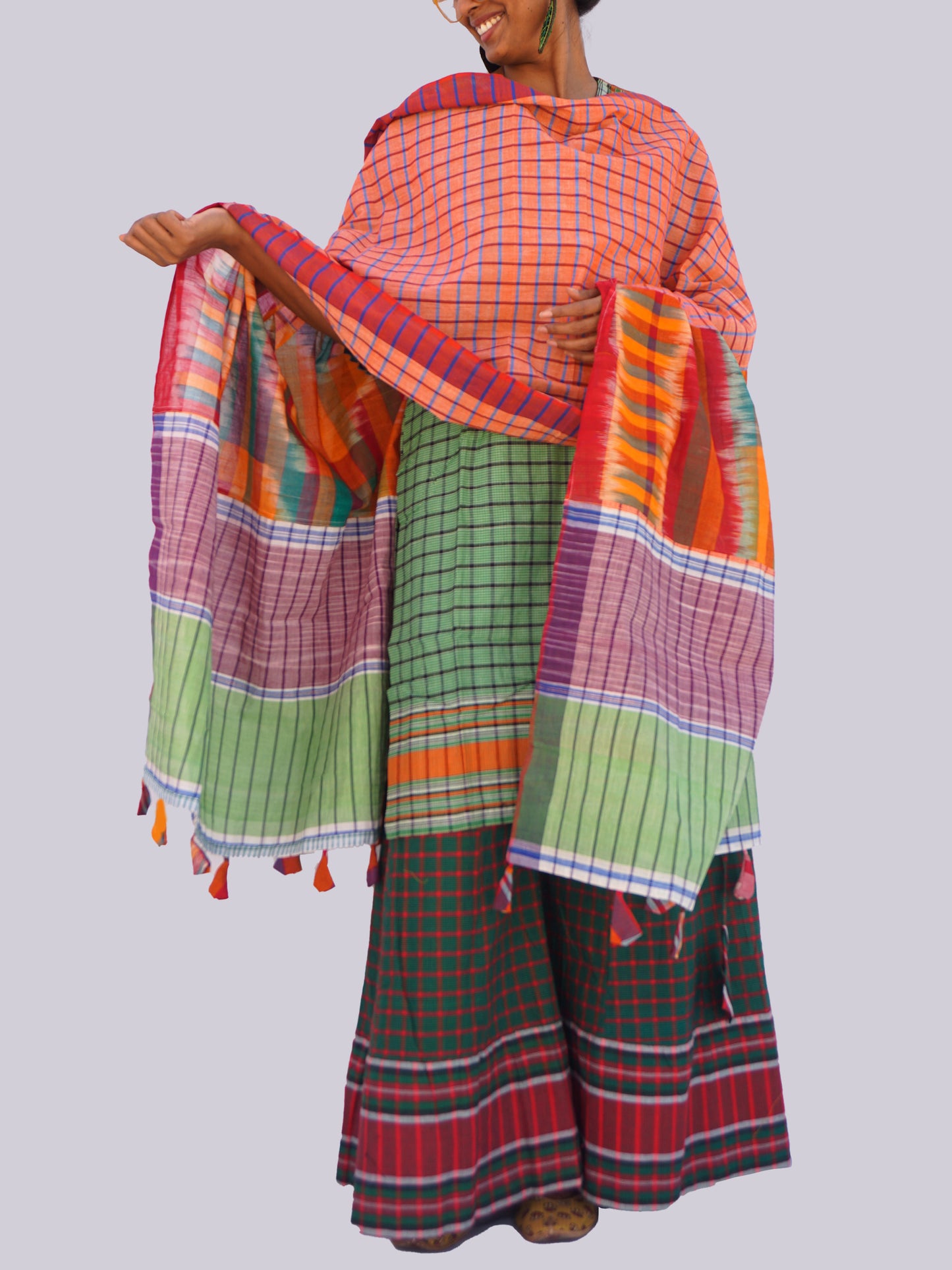 Patch work Gamcha Fashion Handloom Cotton Dupatta DP23 (Oreng Green  Multicolor)