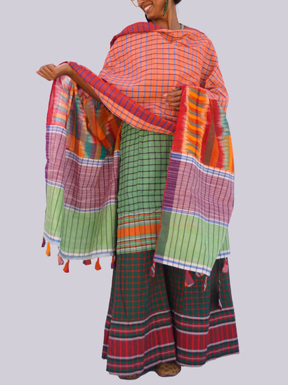 Patch work Gamcha Fashion Handloom Cotton Dupatta DP23 (Oreng Green  Multicolor)