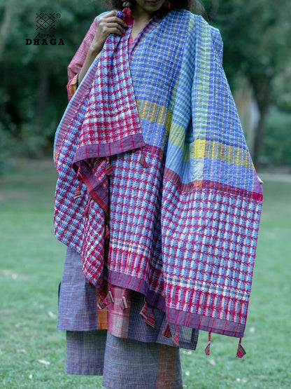 All Over Hand Embroidered Kantha Gamcha Patchwork Dupatta  – Multicolor- Tassels (2.5m)- GD024