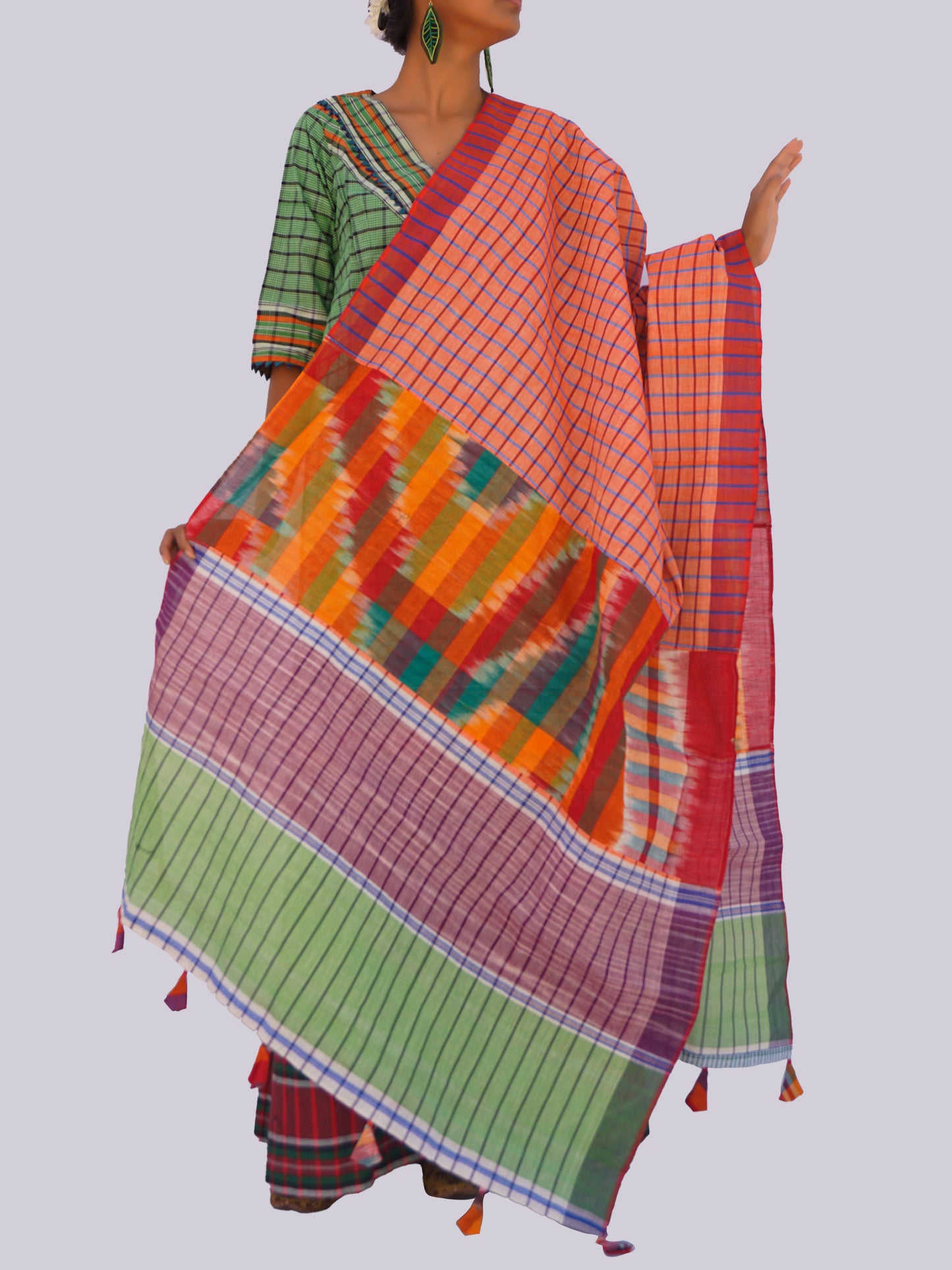 Patch work Gamcha Fashion Handloom Cotton Dupatta DP23 (Oreng Green  Multicolor)