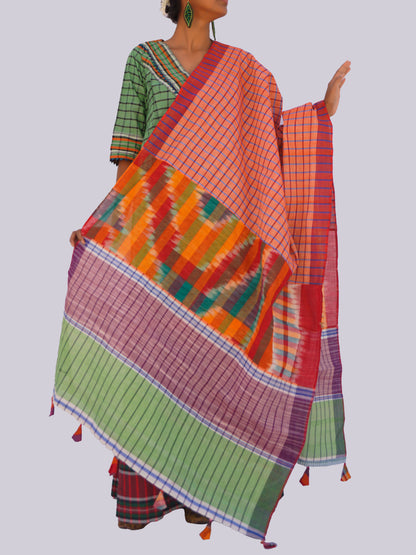 Patch work Gamcha Fashion Handloom Cotton Dupatta DP23 (Oreng Green  Multicolor)