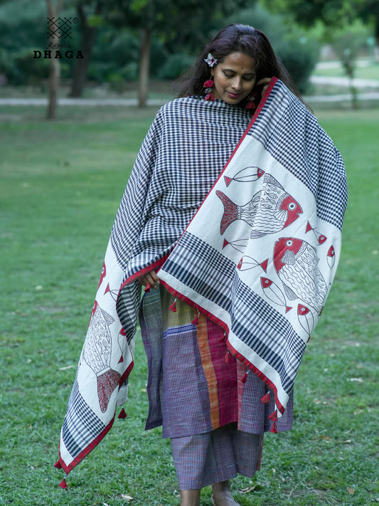 Hand Painted Fish Motif Gamcha Patchwork Dupatta in Black & White Checks,Red Border & Tassels  | Artisan Handloom Dupatta GD019