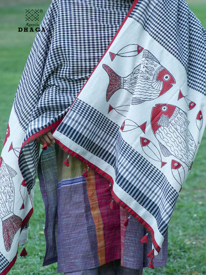 Hand Painted Fish Motif Gamcha Patchwork Dupatta in Black & White Checks,Red Border & Tassels  | Artisan Handloom Dupatta GD019