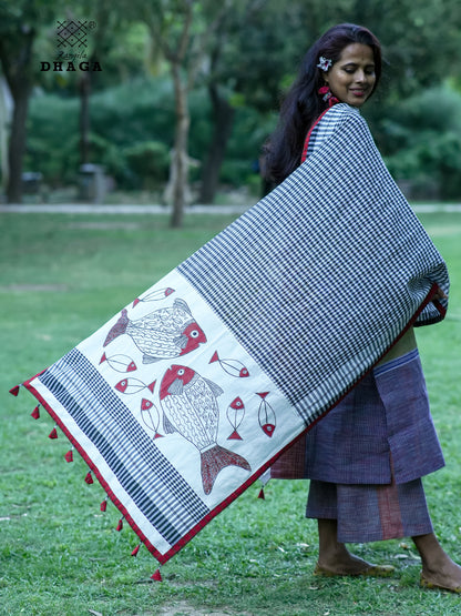 Hand Painted Fish Motif Gamcha Patchwork Dupatta in Black & White Checks,Red Border & Tassels  | Artisan Handloom Dupatta GD019