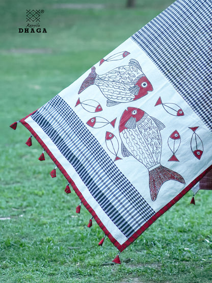 Hand Painted Fish Motif Gamcha Patchwork Dupatta in Black & White Checks,Red Border & Tassels  | Artisan Handloom Dupatta GD019