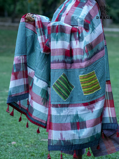 All Over Hand Embroidered Kantha Gamcha Patchwork Dupatta  – Multicolor- Tassels (2.5m)- GD035