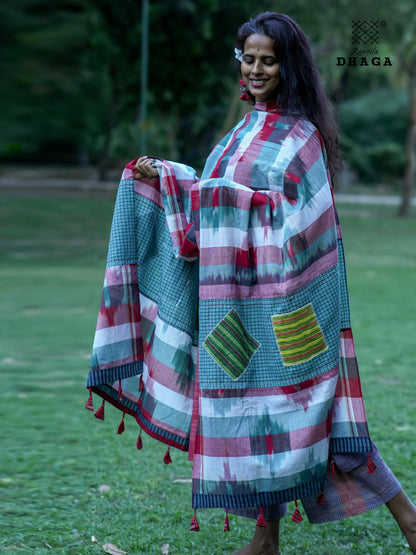 All Over Hand Embroidered Kantha Gamcha Patchwork Dupatta  – Multicolor- Tassels (2.5m)- GD035