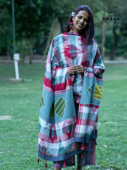 All Over Hand Embroidered Kantha Gamcha Patchwork Dupatta  – Multicolor- Tassels (2.5m)- GD035