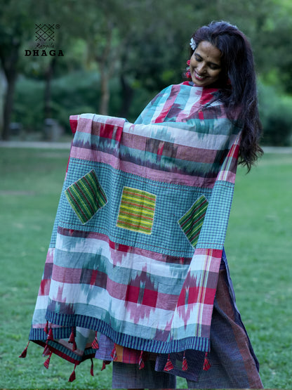 All Over Hand Embroidered Kantha Gamcha Patchwork Dupatta  – Multicolor- Tassels (2.5m)- GD035