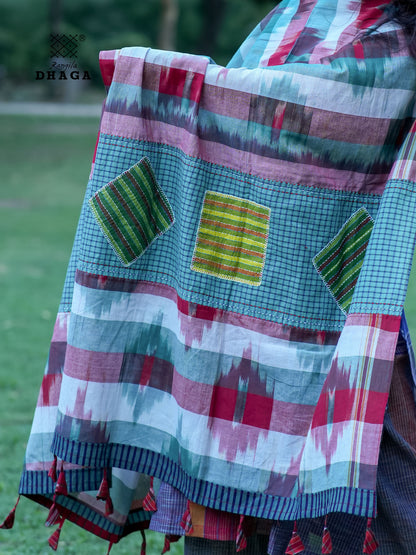 All Over Hand Embroidered Kantha Gamcha Patchwork Dupatta  – Multicolor- Tassels (2.5m)- GD035