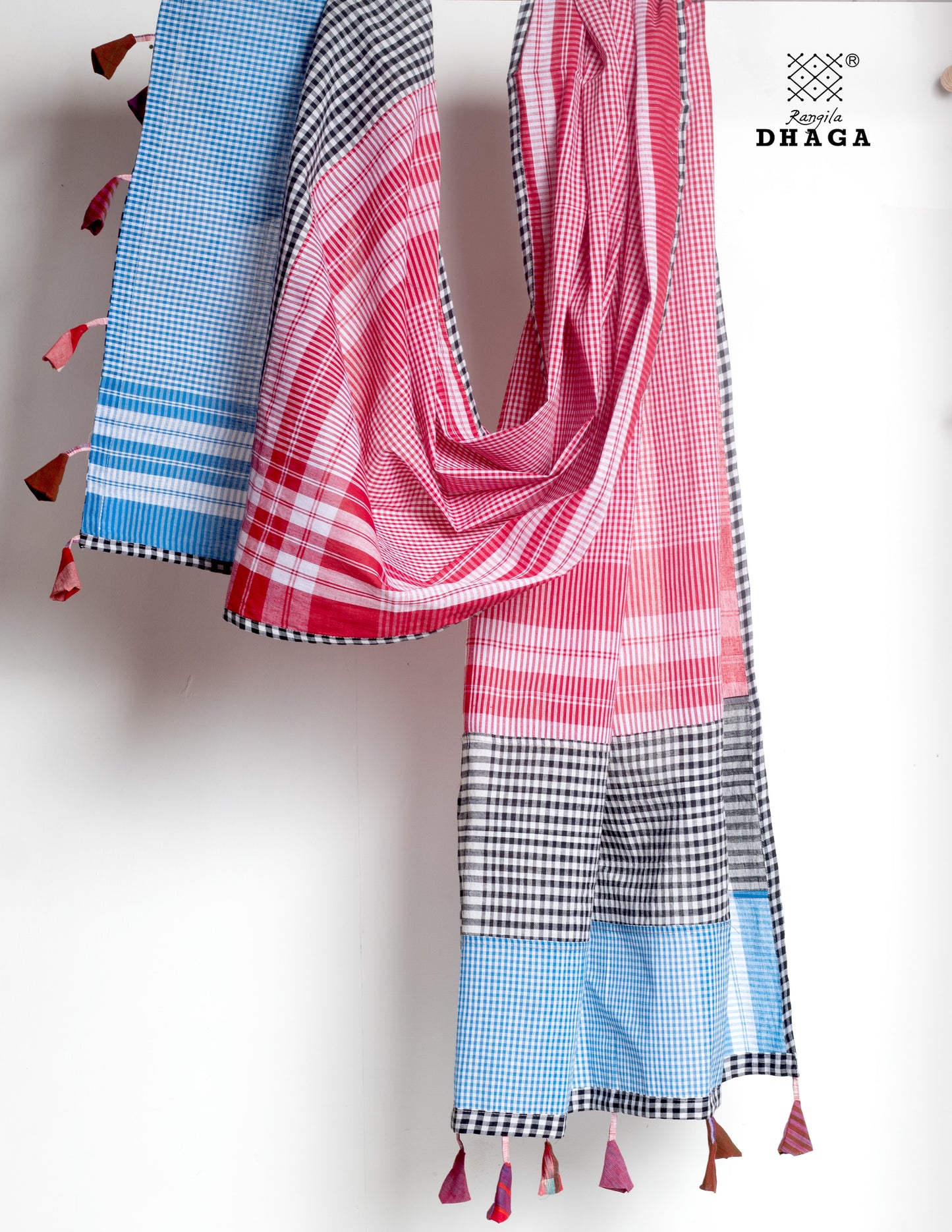 Rangila Dhaga Patchwork Gamcha Dupatta with Tassels – Multicolor Checks (2.5m)- GD030