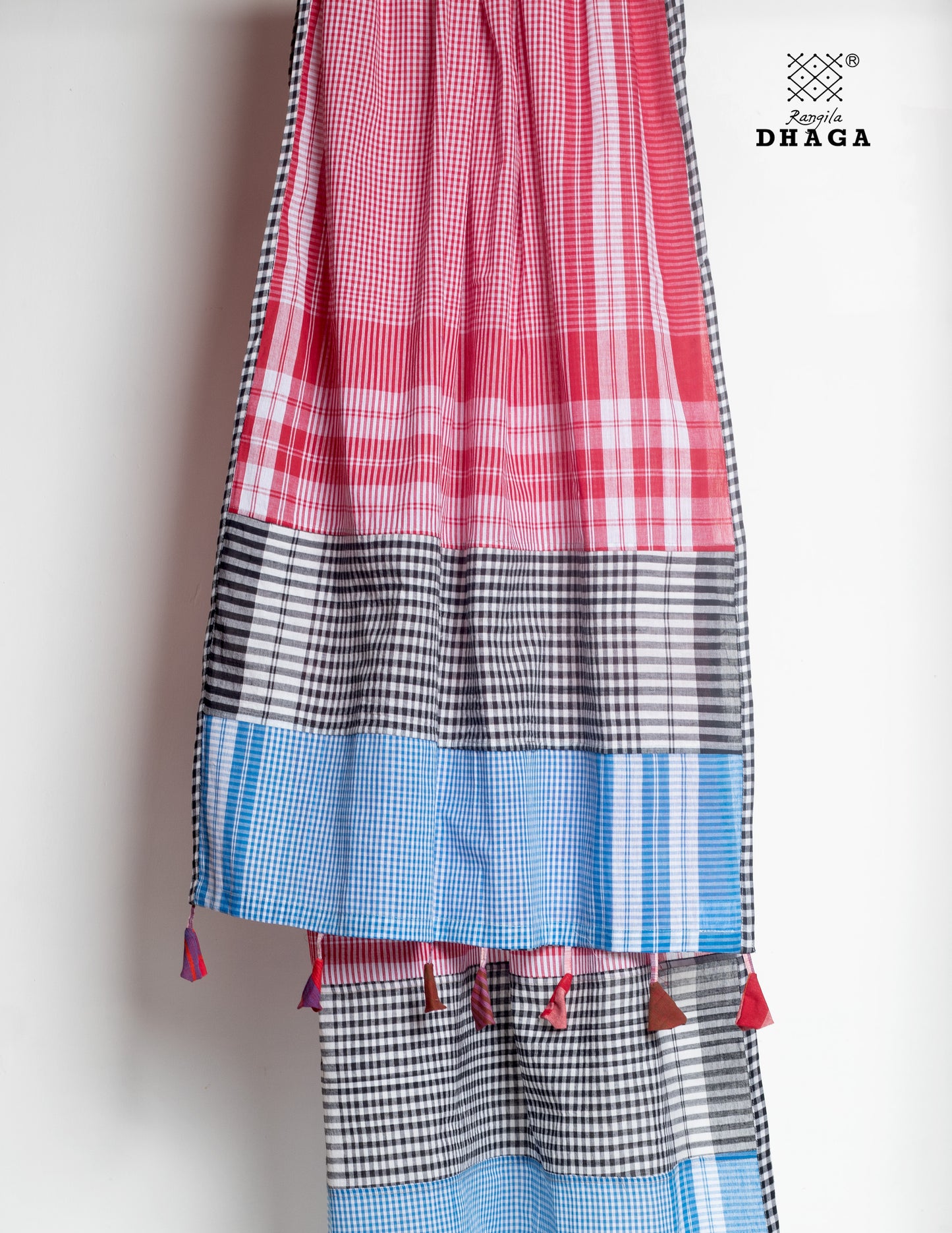 Rangila Dhaga Patchwork Gamcha Dupatta with Tassels – Multicolor Checks (2.5m)- GD030