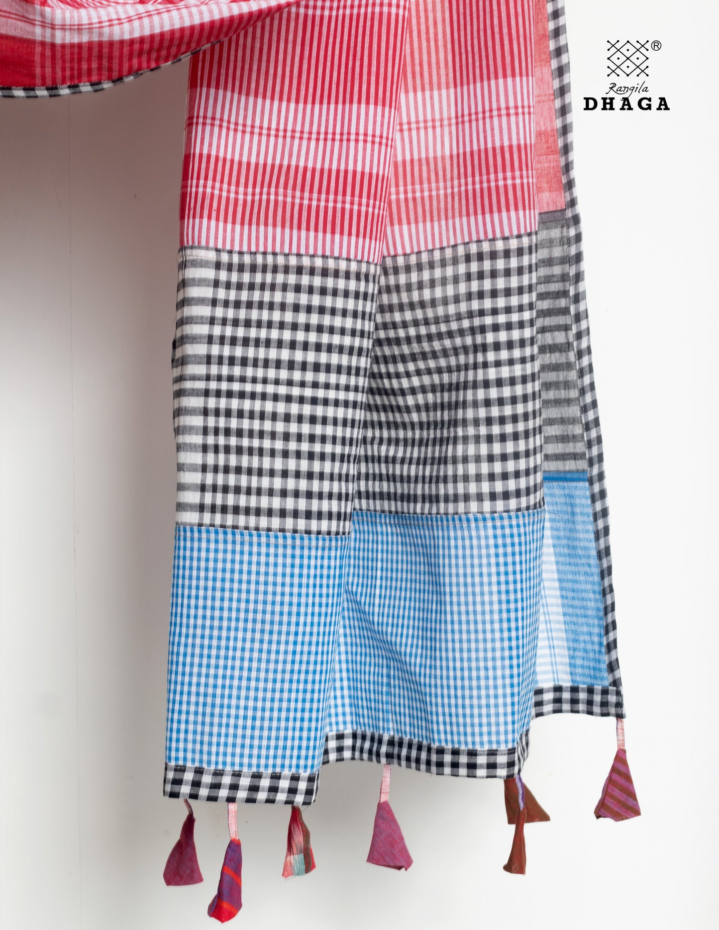 Rangila Dhaga Patchwork Gamcha Dupatta with Tassels – Multicolor Checks (2.5m)- GD030
