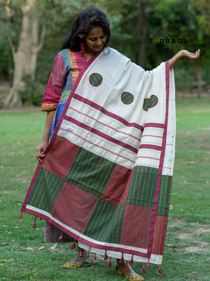 Hand Embroidered Patchwork Gamcha Dupatta in Off White & Green Checks | Artisan Crafted by Rangila Dhaga– Tassels (2.5m)- GD021