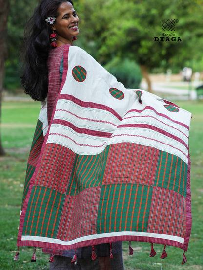 Hand Embroidered Patchwork Gamcha Dupatta in Off White & Green Checks | Artisan Crafted by Rangila Dhaga– Tassels (2.5m)- GD021