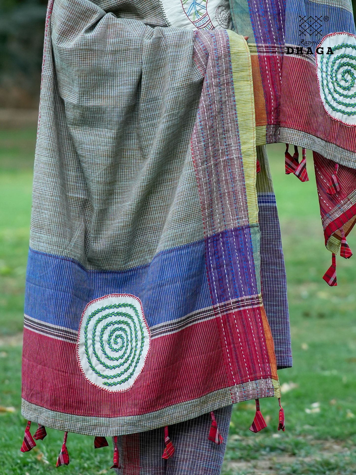 All Over Hand Embroidered Kantha Gamcha Patchwork Dupatta with Appliqué Circle with Fish Motifs – Multicolor- Tassels (2.5m)- GD020