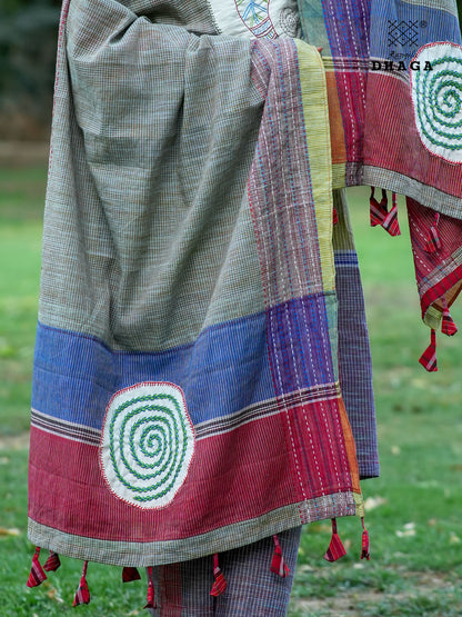 All Over Hand Embroidered Kantha Gamcha Patchwork Dupatta with Appliqué Circle with Fish Motifs – Multicolor- Tassels (2.5m)- GD020