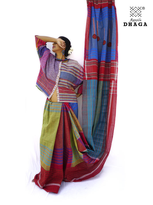 Hand Embroidered Patchwork Saree Gamcha Fashion Handloom Cotton Fabric  Blue & Red MulticolorGS002