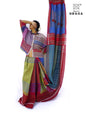 Hand Embroidered Patchwork Saree Gamcha Fashion Handloom Cotton Fabric  Blue & Red MulticolorGS002