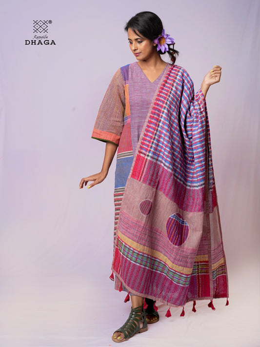 Hand Embroidered Patchwork Gamcha Dupatta in Off White & Green Checks | Artisan Crafted by Rangila Dhaga– Tassels (2.5m)- GD022