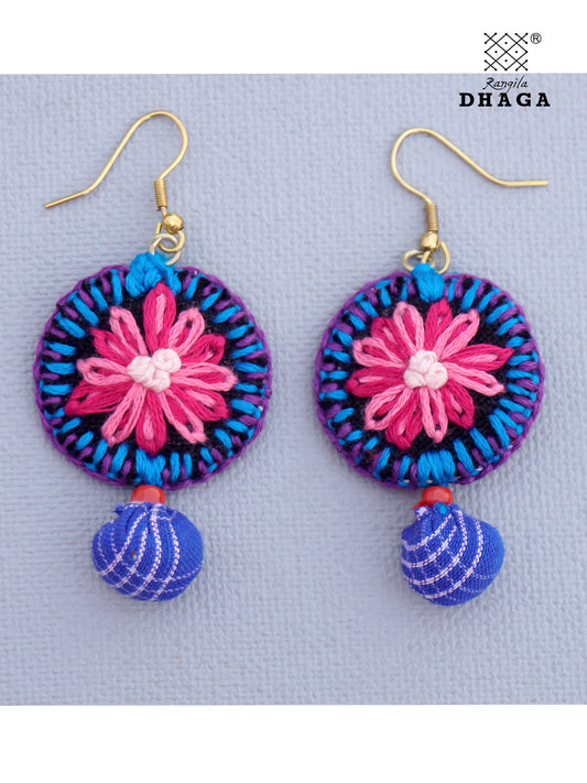 Handembroidered Flower Gamcha Fabric Earrings - Pink-Blue (E011)