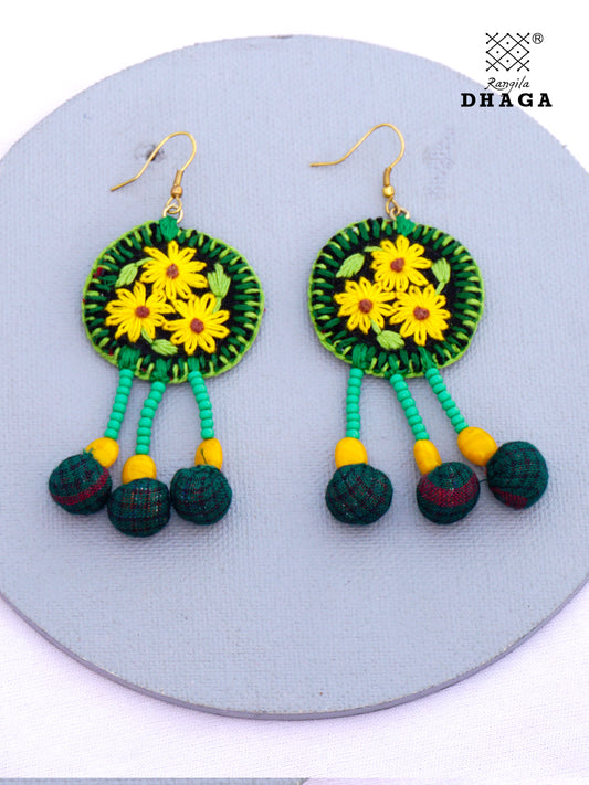 Handembroidered Sunflower Gamcha Fabric Earrings - Yellow (E010)