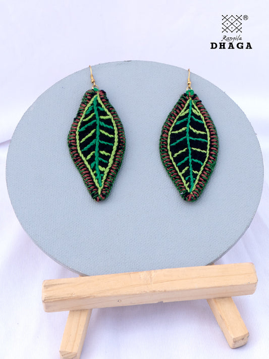 Handembroidered Leaf Gamcha Fabric Earrings - Green (E012)