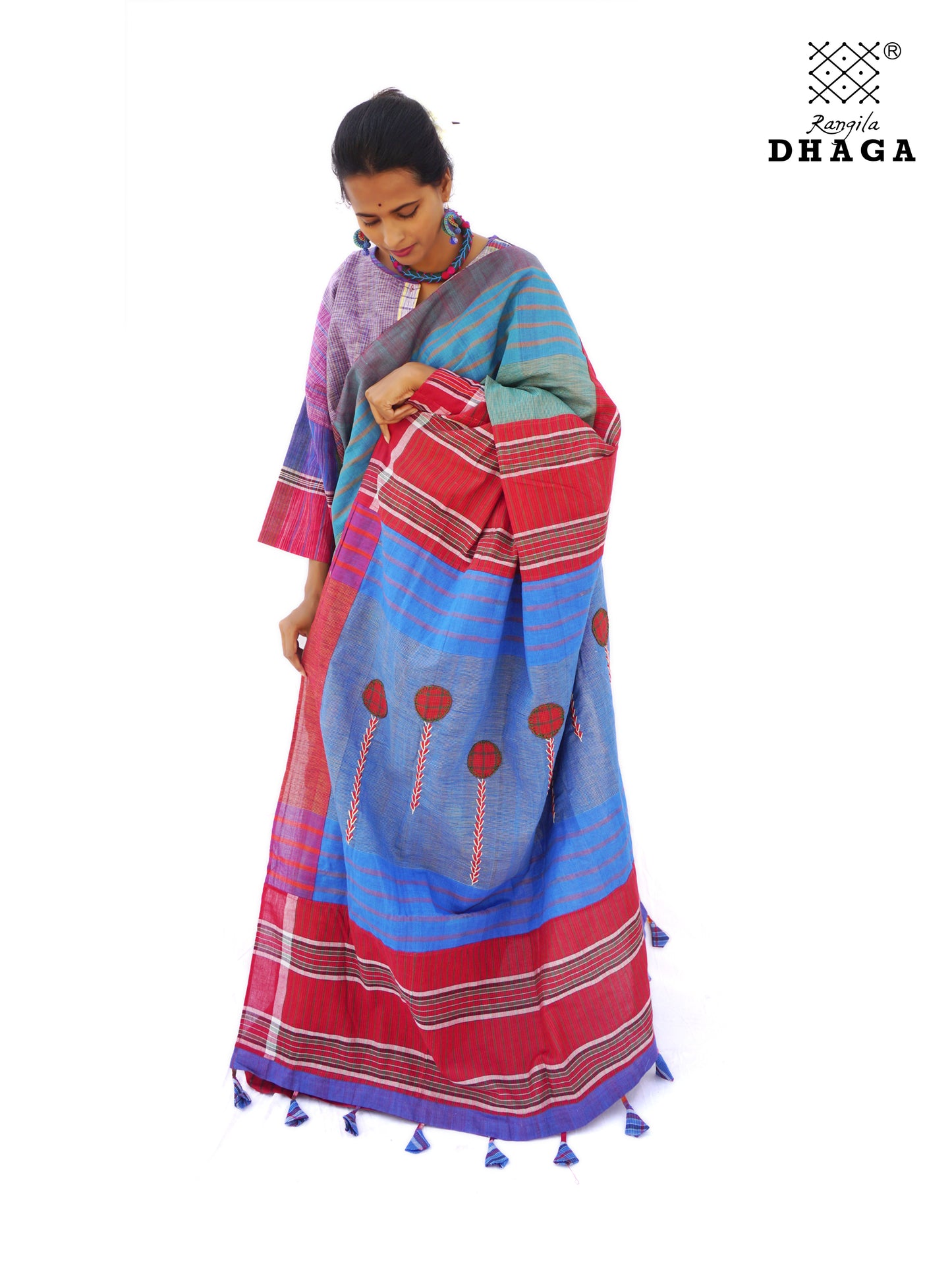 Hand Embroidered Patchwork Saree Gamcha Fashion Handloom Cotton Fabric  Blue & Red MulticolorGS002