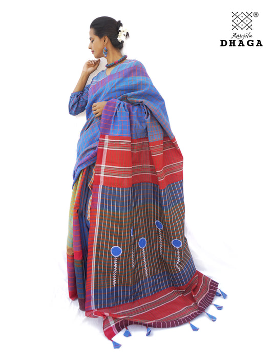 Hand Embroidered Patchwork Saree Gamcha Fashion Handloom Cotton Fabric  Blue & Red Multicolor GS003