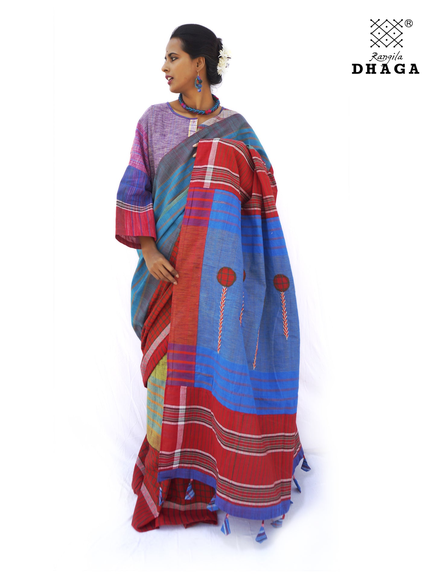 Hand Embroidered Patchwork Saree Gamcha Fashion Handloom Cotton Fabric  Blue & Red MulticolorGS002