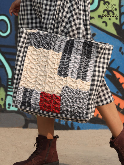 Gamcha Drapari Wrinkle Tote Bag – Handcrafted Cotton with 3 Zip Pockets Red Black white BAG17