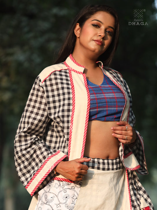 Short Jaket For Women Gamcha Fashion Handloom Cotton Black and White  (SHR31)