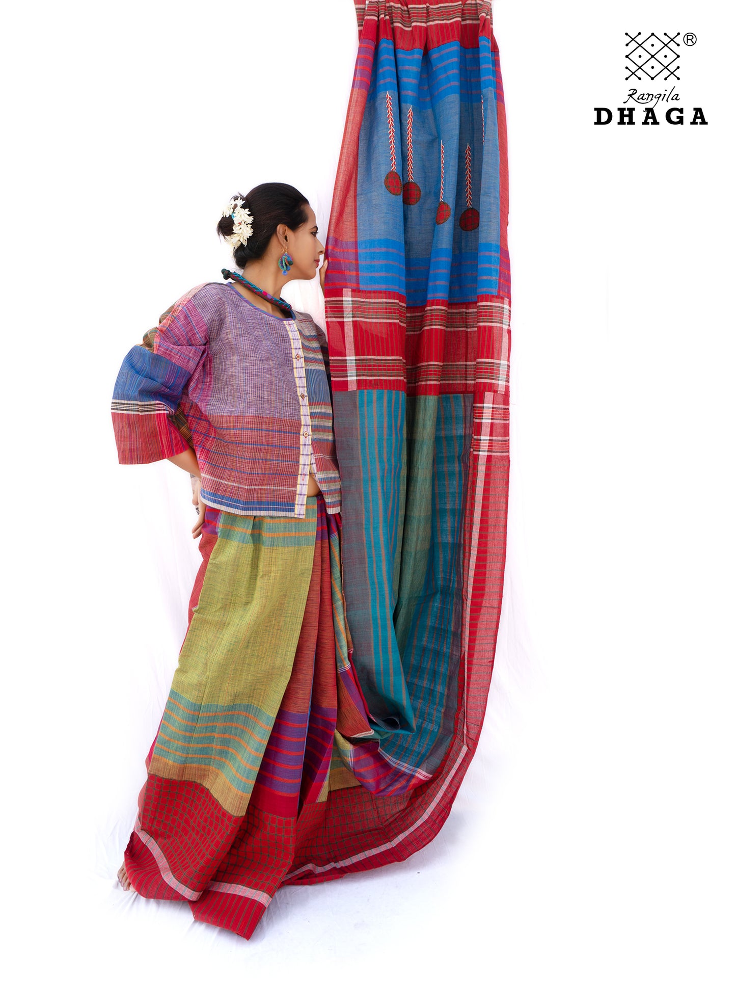 Hand Embroidered Patchwork Saree Gamcha Fashion Handloom Cotton Fabric  Blue & Red MulticolorGS002