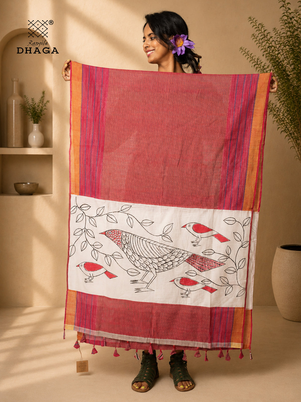 Hand Painted Bird Gamcha Patchwork Dupatta | Handloom Cotton Dupatta with Tassels  (2.5m)- GD021