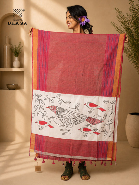 Hand Painted Bird Gamcha Patchwork Dupatta | Handloom Cotton Dupatta with Tassels  (2.5m)- GD021