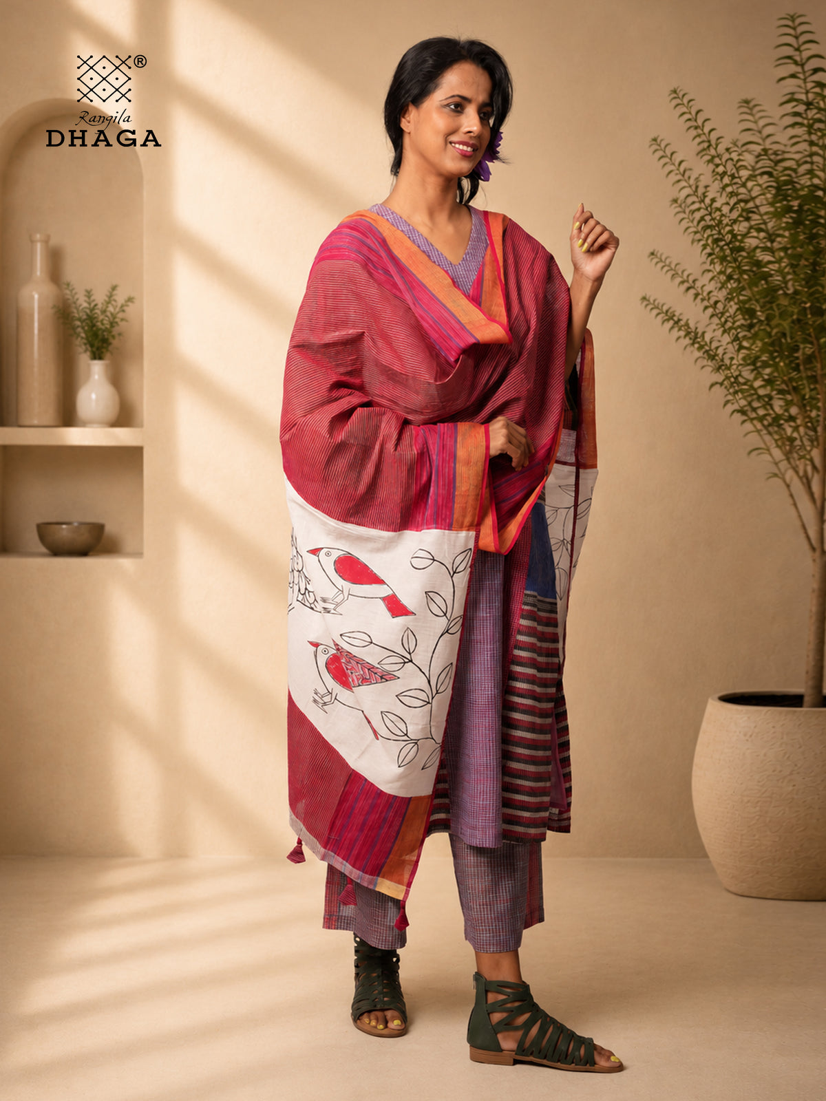 Hand Painted Bird Gamcha Patchwork Dupatta | Handloom Cotton Dupatta with Tassels  (2.5m)- GD021