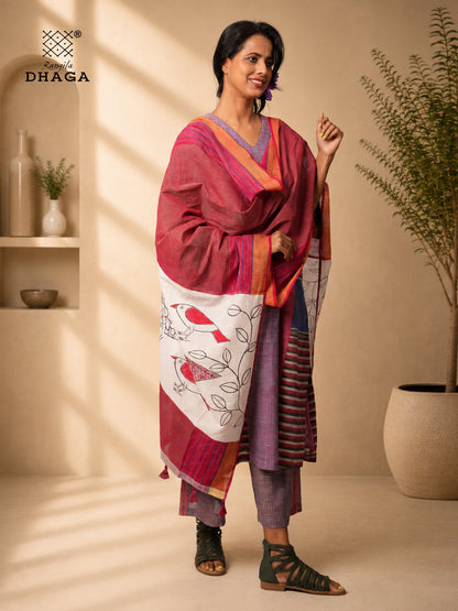 Hand Painted Bird Gamcha Patchwork Dupatta | Handloom Cotton Dupatta with Tassels  (2.5m)- GD021